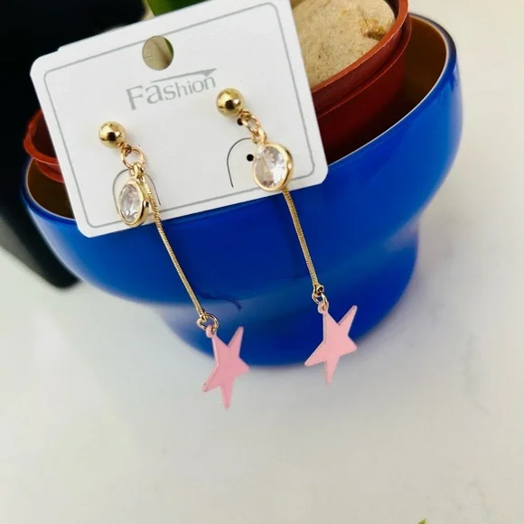 Cute & Trendy Goldplated Pink Star Charmed Dangle Drop Fashion Earrings - Picture 5 of 5